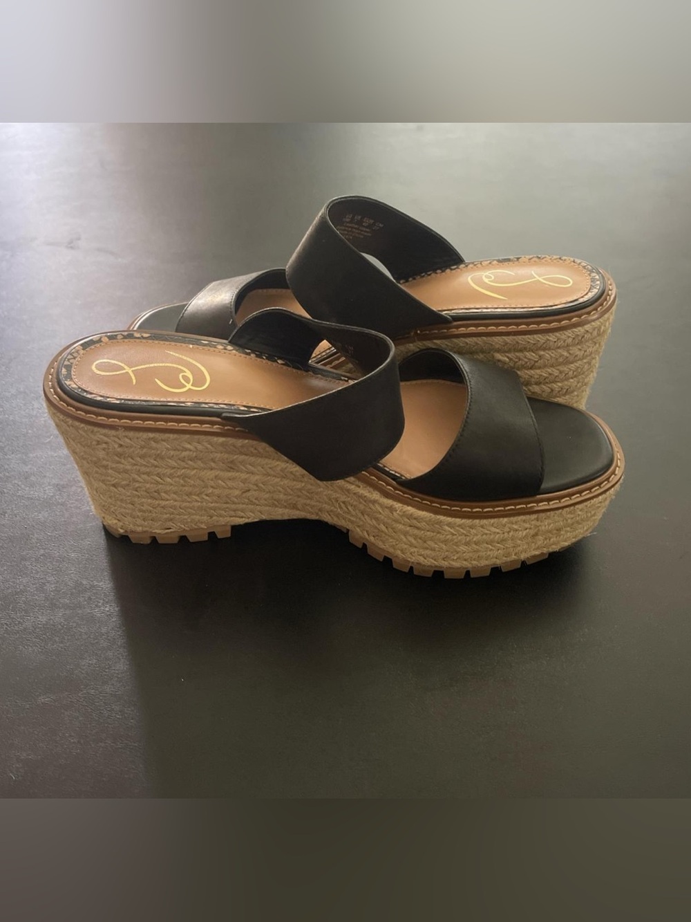 Sam Edelman Black Leather Two-Strap Espadrille Wedge Slides